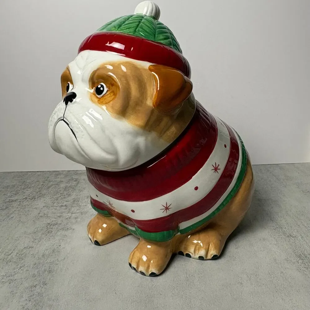 Sleigh Bell Bistro Holiday Hand-Painted Bulldog Ceramic Cookie Jar